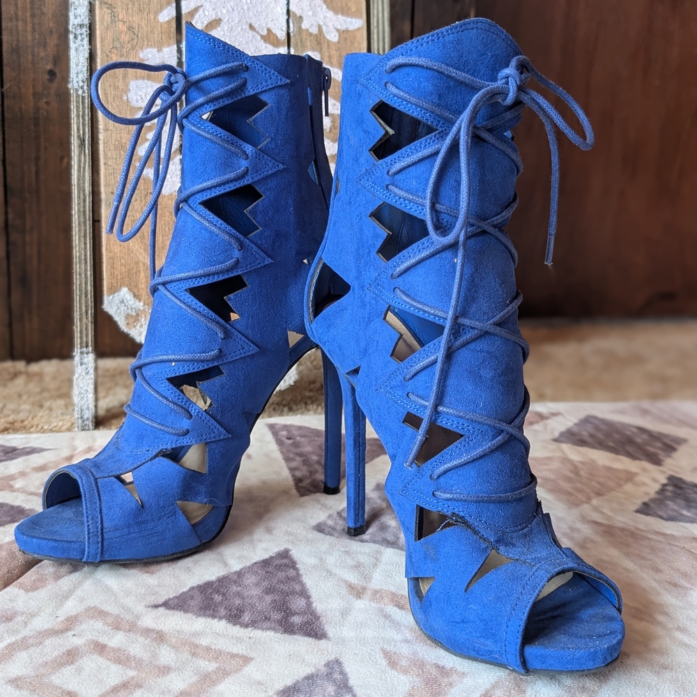 Sexy Blue Lace-Up Cut-Out Heels